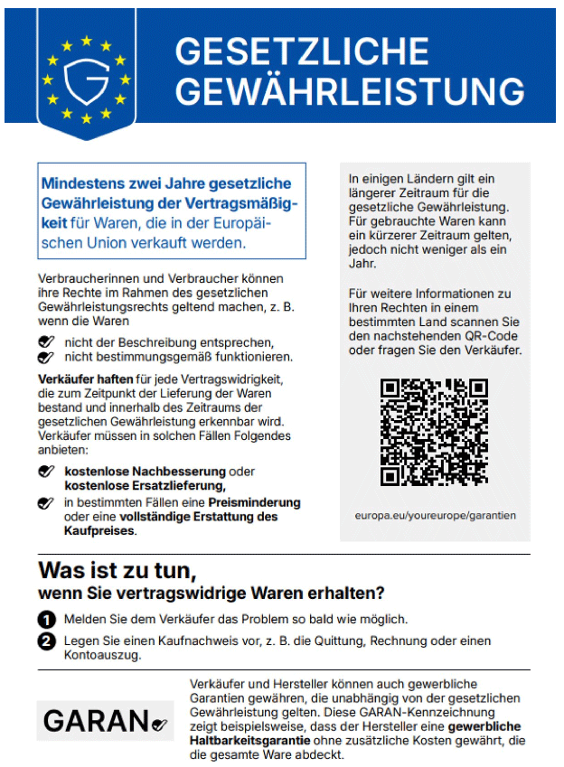 EU-Hinweis: Gesetzliche Gewährleistung von mindestens 2 Jahren